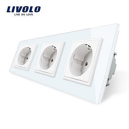 Prize - Priza Schuko Tripla, cu rama sticla alb