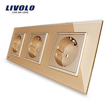 Prize - Priza Schuko Tripla, cu rama sticla auriu