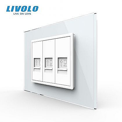 Prize modulare Livolo - Priza tripla telefon + 2 x retea calculator 3M, RJ11+ 2xRJ45, cu rama sticla alb