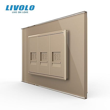 Livolo modular - Priza tripla telefon + 2 x retea calculator 3M, RJ11+ 2xRJ45, cu rama sticla auriu