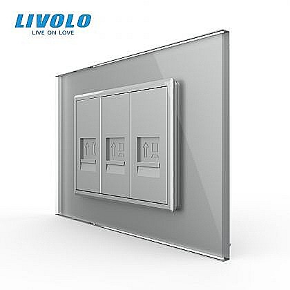 Prize modulare Livolo - Priza tripla telefon + 2 x retea calculator 3M, RJ11+ 2xRJ45, cu rama sticla gri