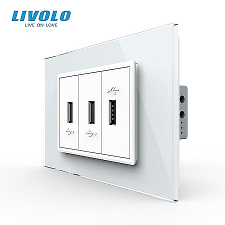 Livolo modular - Priza tripla USB 3M, cu rama sticla alb