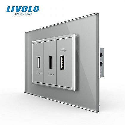 Prize modulare Livolo - Priza tripla USB 3M, cu rama sticla gri
