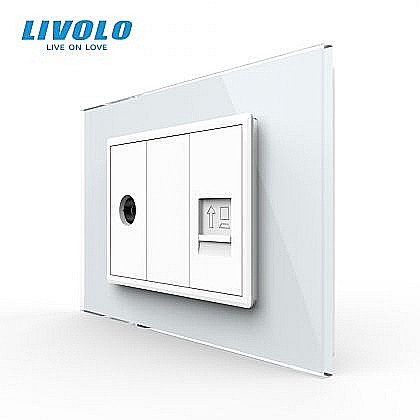 Prize modulare Livolo - Priza TV + retea calculator 3M, TV+RJ45, cu rama sticla alb