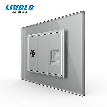 Prize modulare Livolo - Priza TV + retea calculator 3M, TV+RJ45, cu rama sticla gri