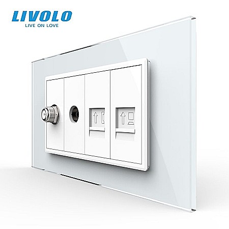 Livolo modular - Priza TV Satelit, TV, Telefon, Retea calculator, 4M, cu rama sticla alb