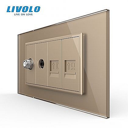 Prize modulare Livolo - Priza TV Satelit, TV, Telefon, Retea calculator, 4M, cu rama sticla auriu