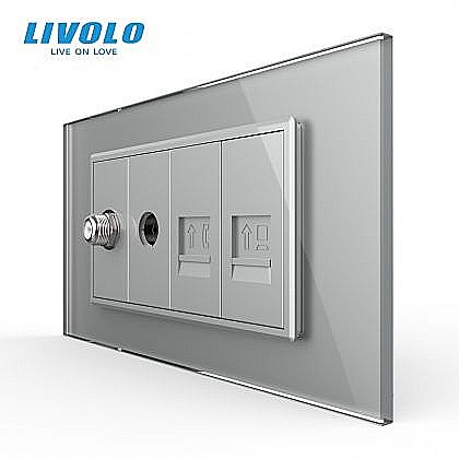 Prize modulare Livolo - Priza TV Satelit, TV, Telefon, Retea calculator, 4M, cu rama sticla gri