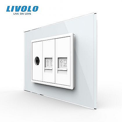 Prize modulare Livolo - Priza TV + telefon + retea calculator 3M, TV+RJ11+RJ45, cu rama sticla alb