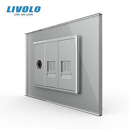 Prize modulare Livolo - Priza TV + telefon + retea calculator 3M, TV+RJ11+RJ45, cu rama sticla gri