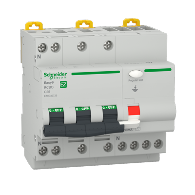 Curba C - Siguranta diferentiala Schneider 25A 3P+N 30mA curba C tipAC 4,5kA RCBO Easy9 EZ9D32725