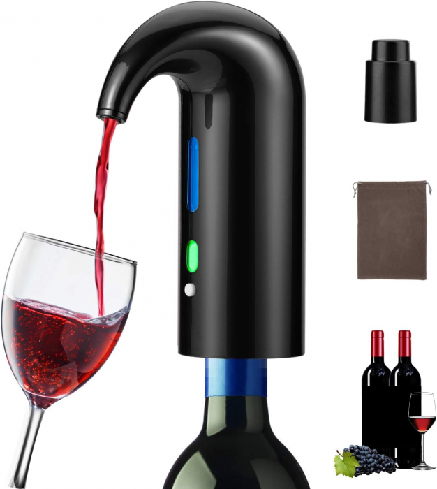 Aerator Electric Reincarcabil, Decantor pentru Vin, Dop vacuum, SisDruo - Amazon Negru [1]