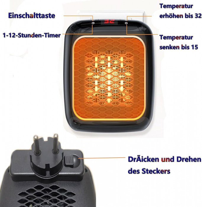 Aeroterma pentru priza, 1200W, 2 viteze, timer, termostat digital, telecomanda - GRAD A [4]