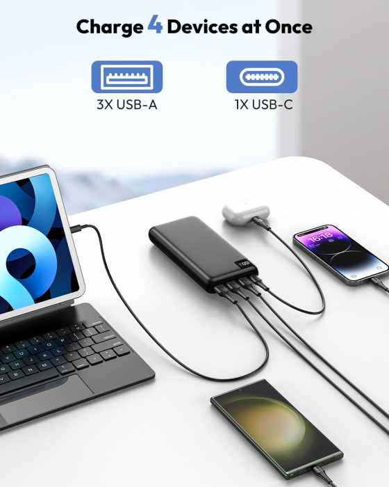 Baterie externa, 27000mAh, incarcare rapida 22.5W, PD, QC3.0, USB C, 4 iesiri, ecran LED, SOARAISE - Amazon - GRAD A [2]