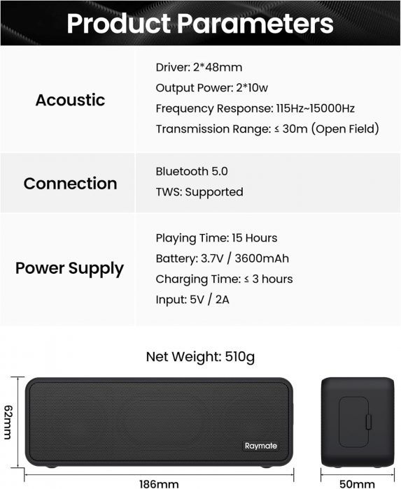 Boxa portabila bluetooth, IPX7, Li-ion, 20W, autonomie 15h, Raymate-Amazon, negru [4]