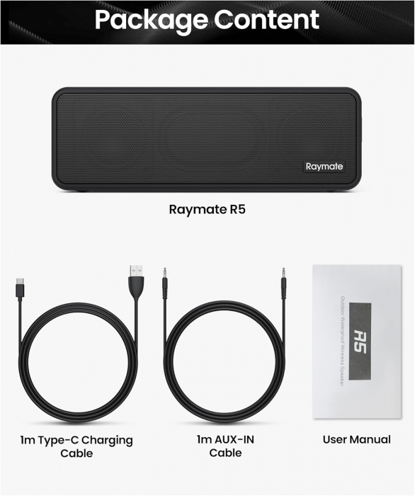 Boxa portabila bluetooth, IPX7, Li-ion, 20W, autonomie 15h, Raymate-Amazon, negru [6]
