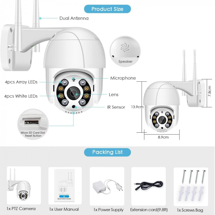 Camera de supraveghere WIFI 1080P, Anksono - Amazon, exterior/interior, leduri lumina, comunicare bidirectionala, stocare card/cloud, senzor miscare, Alb [3]