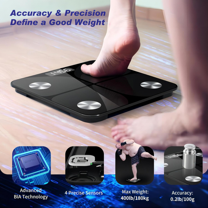 Cantar personal, inteligent, conectare telefon , 180kg, BMI,masa musculara, sticla securizata, negru, Foryond-Amazon [2]