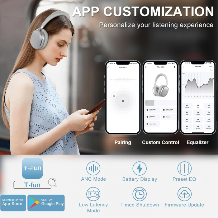 Casti bluetooth 5.3, T-fun NC95, mic, conexiune fir, ANC, aplicatie - GRAD A [2]