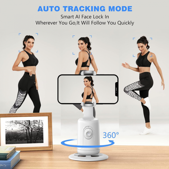 Suport telefon cu urmarire faciala automata, rotire 360° ,conversatii video, vlog-uri si live-uri, telecomanda bluetooth inclusa, alb [4]
