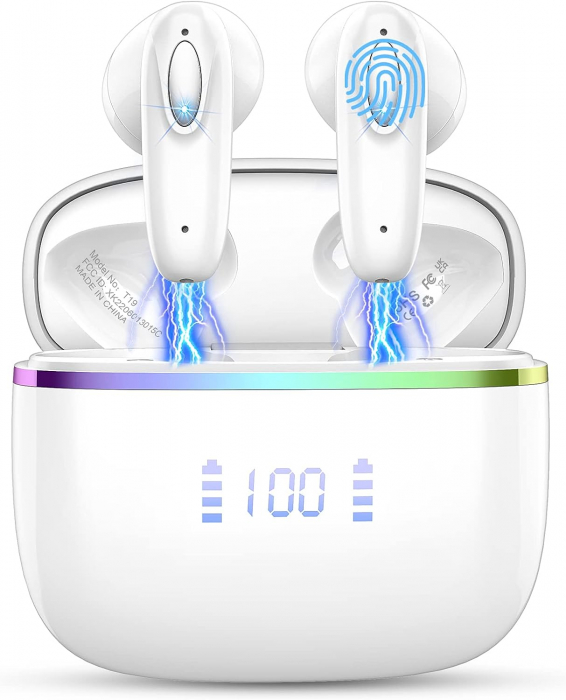 Casti bluetooth, in ear, T19, Bluetooth 5.3, Control prin Atingere, Afisare LED, Autonomie 40h Romoke - Amazon, alb [1]