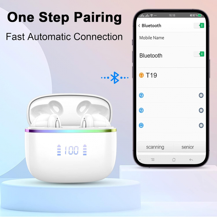 Casti bluetooth, in ear, T19, Bluetooth 5.3, Control prin Atingere, Afisare LED, Autonomie 40h Romoke - Amazon, alb [4]