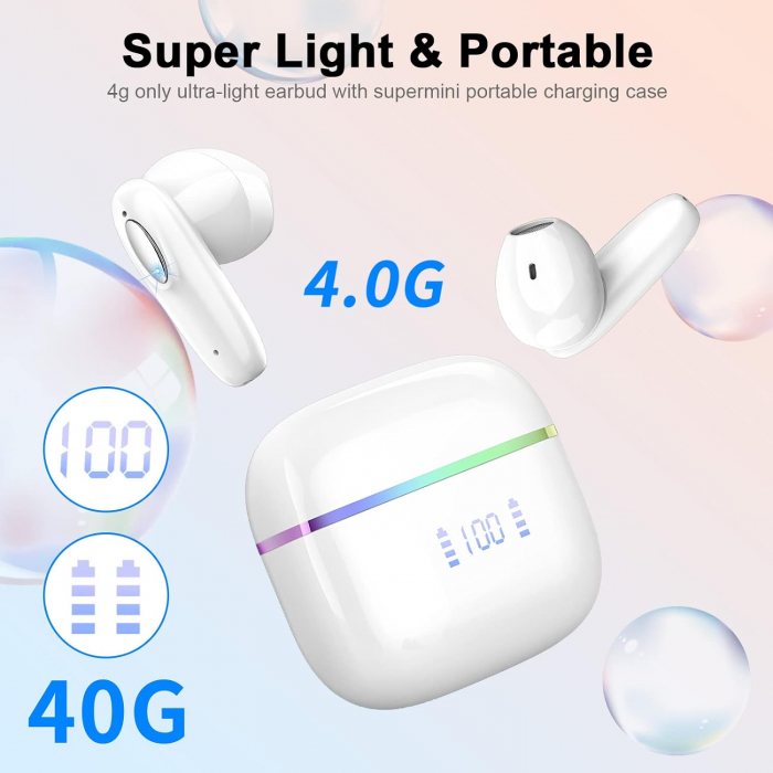 Casti bluetooth, in ear, T19, Bluetooth 5.3, Control prin Atingere, Afisare LED, Autonomie 40h Romoke - Amazon, alb [3]