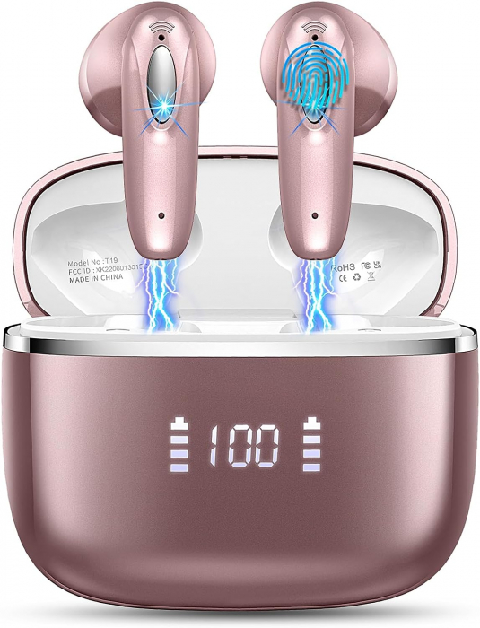 Casti bluetooth, in ear, T19, Bluetooth 5.3, Control prin Atingere, Afisare LED, Autonomie 40h Romoke - Amazon, roz [1]