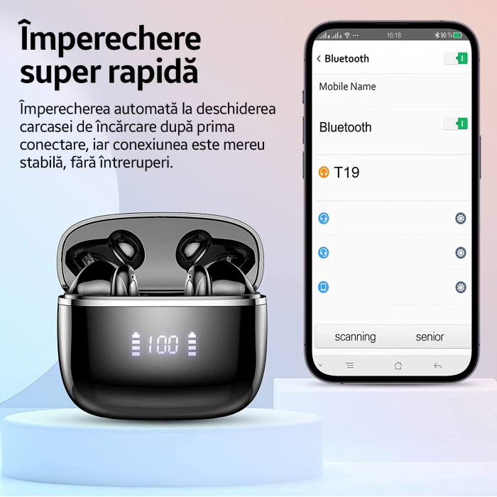 Casti bluetooth, in ear, T19, Bluetooth 5.3, Control prin Atingere, Afisare LED, Autonomie 40h Romoke - Amazon, negru [2]