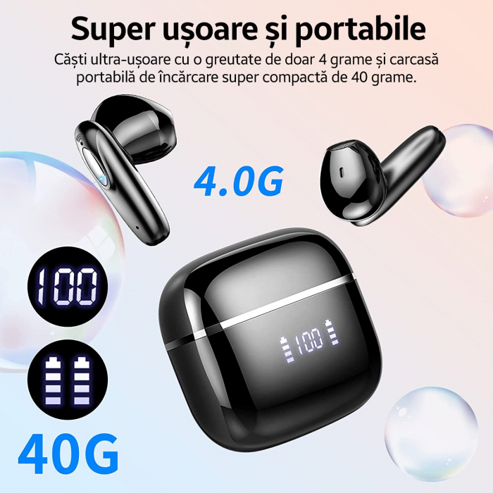 Casti bluetooth, in ear, T19, Bluetooth 5.3, Control prin Atingere, Afisare LED, Autonomie 40h Romoke - Amazon, negru [3]
