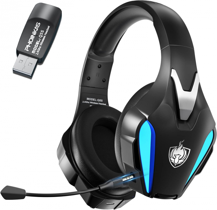 Casti Gaming Wireless PHOINIKAS Q5S, 2.4GHz, compatibil cu PS4 PS5 PC Nintendo Switch, Microfon Detasabil, Sunet Stereo 7.1, lumini led albastre [1]