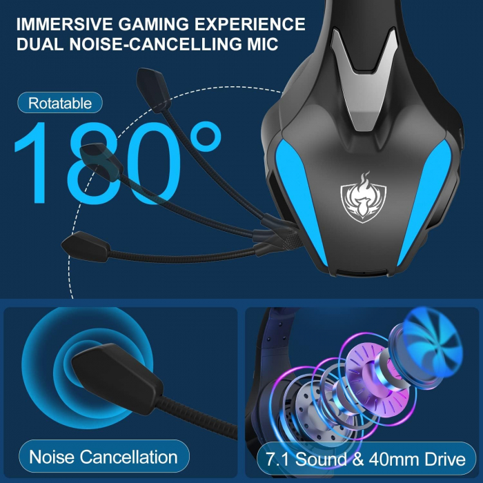 Casti Gaming Wireless PHOINIKAS Q5S, 2.4GHz, compatibil cu PS4 PS5 PC Nintendo Switch, Microfon Detasabil, Sunet Stereo 7.1, lumini led verzi [3]