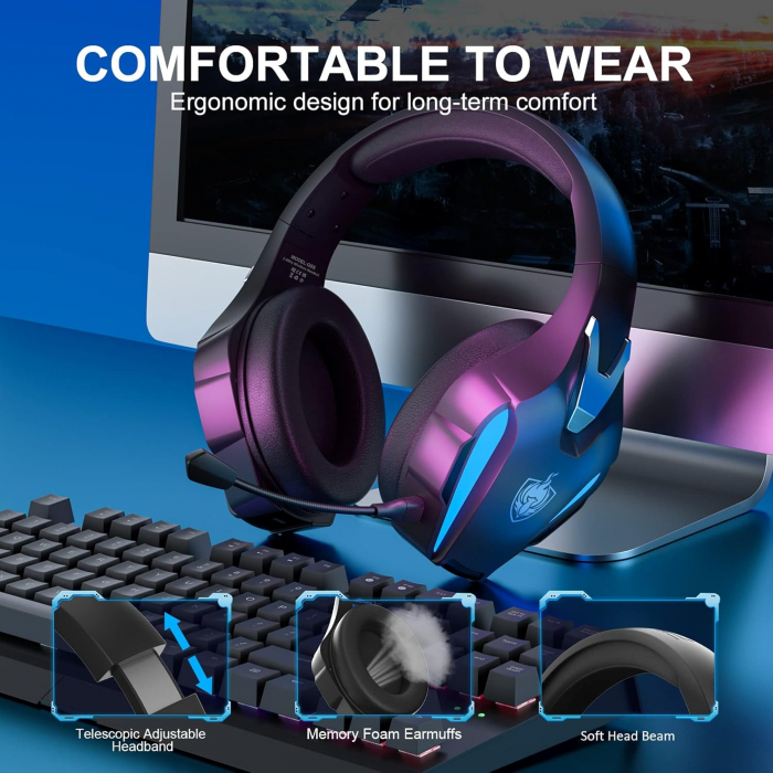 Casti Gaming Wireless PHOINIKAS Q5S, 2.4GHz, compatibil cu PS4 PS5 PC Nintendo Switch, Microfon Detasabil, Sunet Stereo 7.1, lumini led verzi [2]