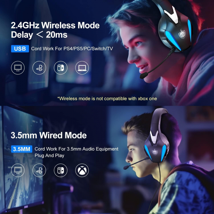 Casti Gaming Wireless PHOINIKAS Q5S, 2.4GHz, compatibil cu PS4 PS5 PC Nintendo Switch, Microfon Detasabil, Sunet Stereo 7.1, lumini led verzi [5]