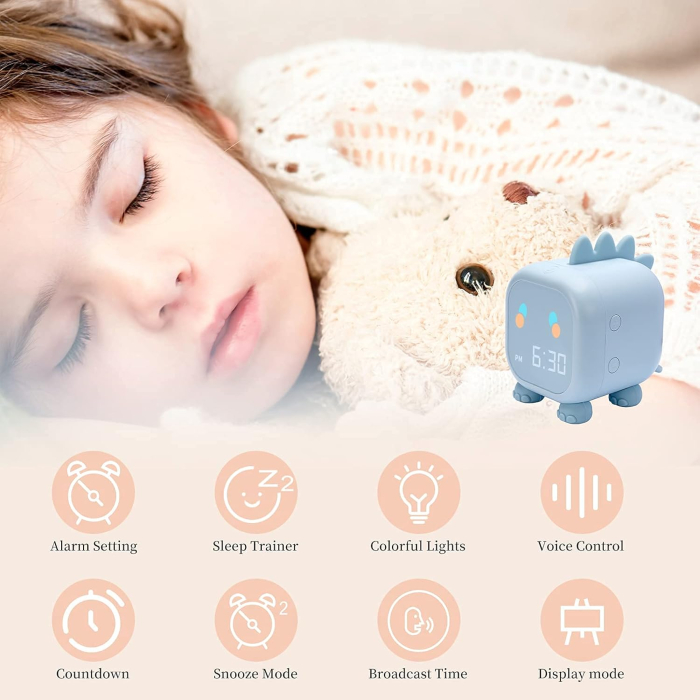 Ceas desteptator digital pentru copii, Edillas, model dinozaur, alarma duala, antrenament somn, lumina de veghe LED, USB-C, albastru deschis - GRAD A [2]