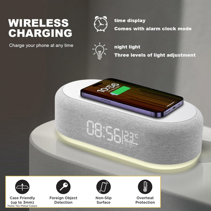 Ceas digital, incarcare telefon 15W fara fir, alarma, temperatura ambientala, lumini LED, dimabile - GRAD A [5]