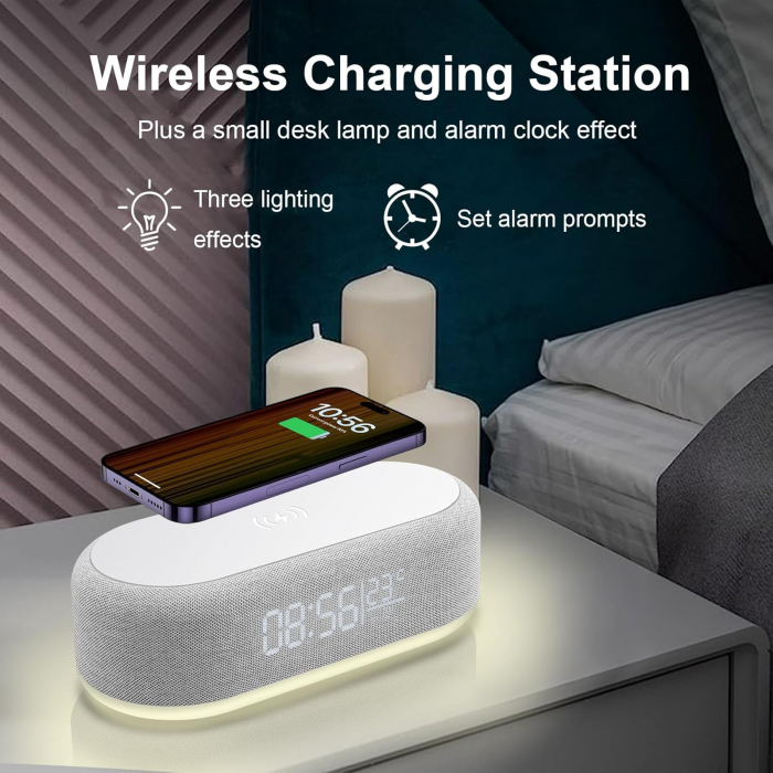Ceas digital, incarcare telefon 15W fara fir, alarma, temperatura ambientala, lumini LED, dimabile - GRAD A [2]