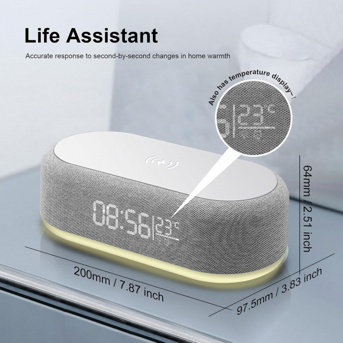 Ceas digital, incarcare telefon 15W fara fir, alarma, temperatura ambientala, lumini LED, dimabile - GRAD A [3]