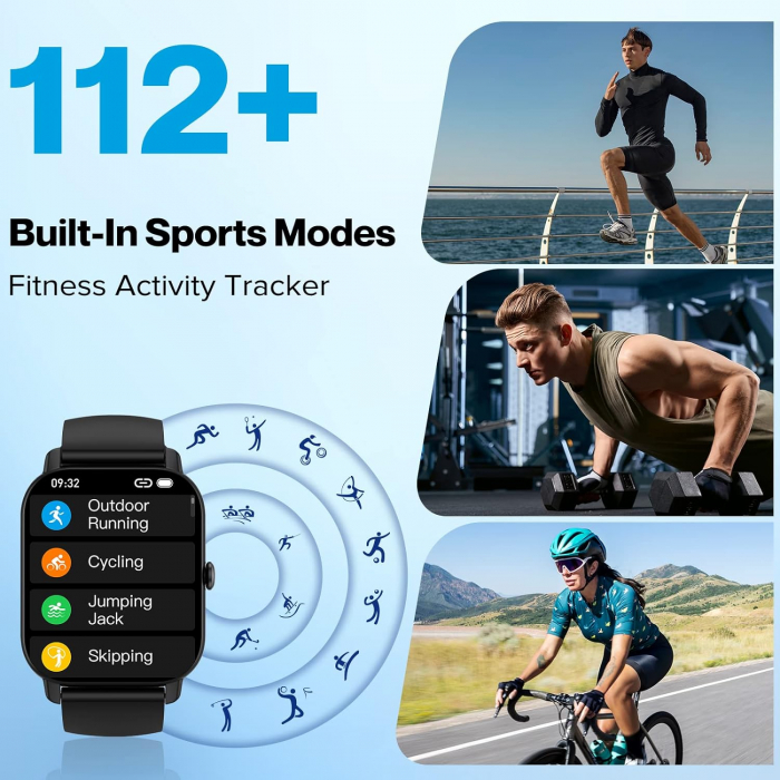 Ceas Smart Aptkdoe - Amazon, Ecran tactil HD de 1.85", Monitorizare a Ritmului Cardiac, Somnului, Numarator de Pasi, 112 moduri sport, compatibil cu Android si iOS, Negru [3]