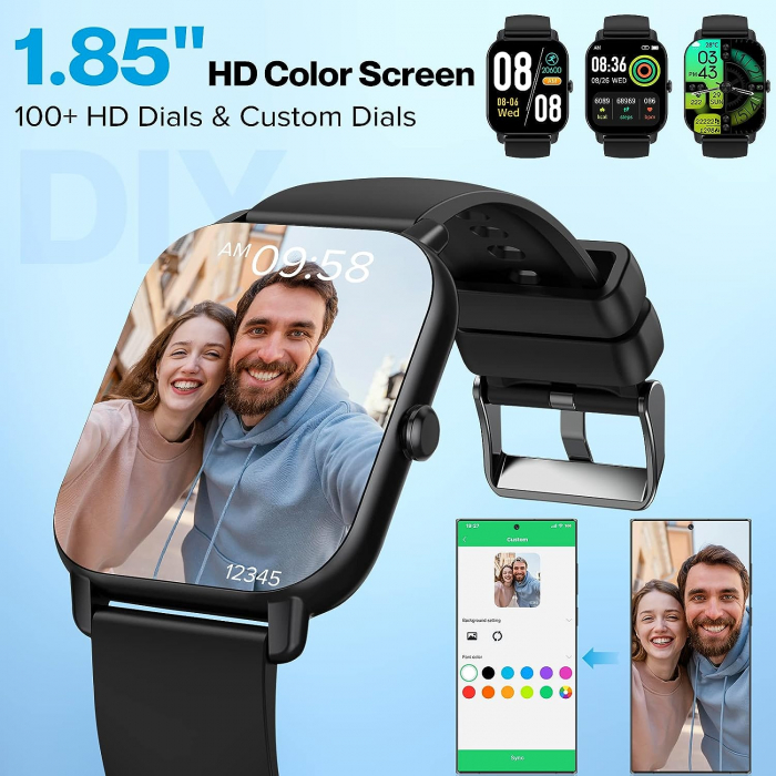 Ceas Smart Aptkdoe - Amazon, Ecran tactil HD de 1.85", Monitorizare a Ritmului Cardiac, Somnului, Numarator de Pasi, 112 moduri sport, compatibil cu Android si iOS, Negru [2]