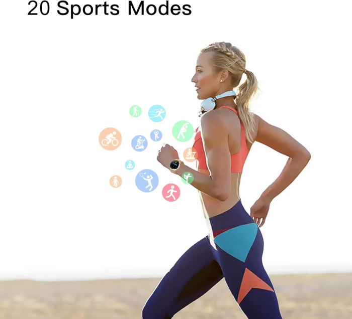 Ceas smart cu Functie Telefon, Rezolutie 360 x 360, IP67 Rezistent la Apa, Masurare Ritm Cardiac, SpO2, Tensiune Arteriala, 20 Moduri Sport, Notificare Aplicatii, Reminder, iPhone si Android, auriu - [3]