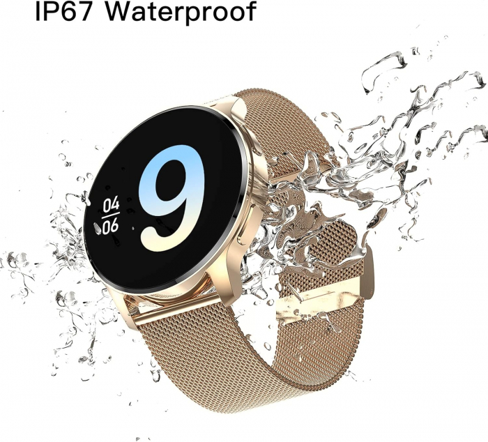 Ceas smart cu Functie Telefon, Rezolutie 360 x 360, IP67 Rezistent la Apa, Masurare Ritm Cardiac, SpO2, Tensiune Arteriala, 20 Moduri Sport, Notificare Aplicatii, Reminder, iPhone si Android, auriu - [5]