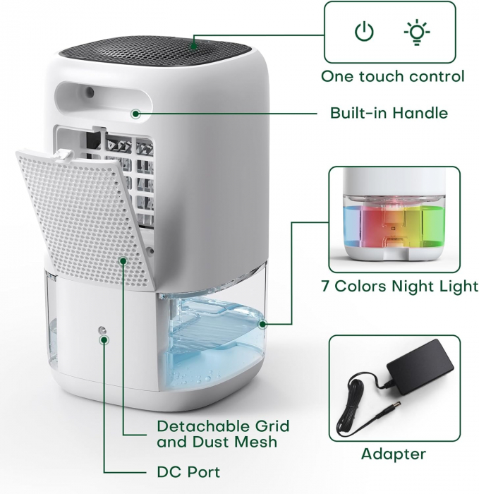 Dezumidificator 1000ML, oprire automata, lumina LED, alb, CONOPU [7]