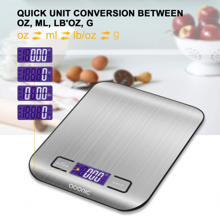 Cantar bucatarie digital, Adoric - Amazon, ecran LED, multiple unitati de masura, capacitate 5 kg, culoare gri inchis [2]