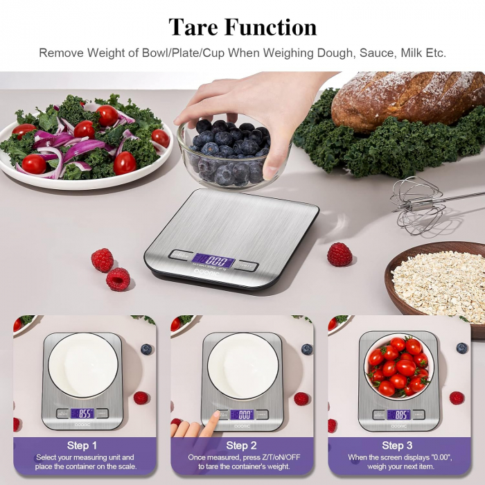 Cantar bucatarie digital, Adoric - Amazon, ecran LED, multiple unitati de masura, capacitate 5 kg, culoare gri inchis [4]
