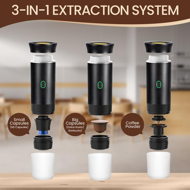 Espressor portabil electric, capsule sau cafea macinata, extractie rece sau calda, pentru Camping, Masina, Calatorie, Negru - GRAD A [2]
