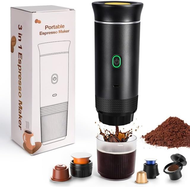 Espressor portabil electric, capsule sau cafea macinata, extractie rece sau calda, pentru Camping, Masina, Calatorie, Negru - GRAD A [1]