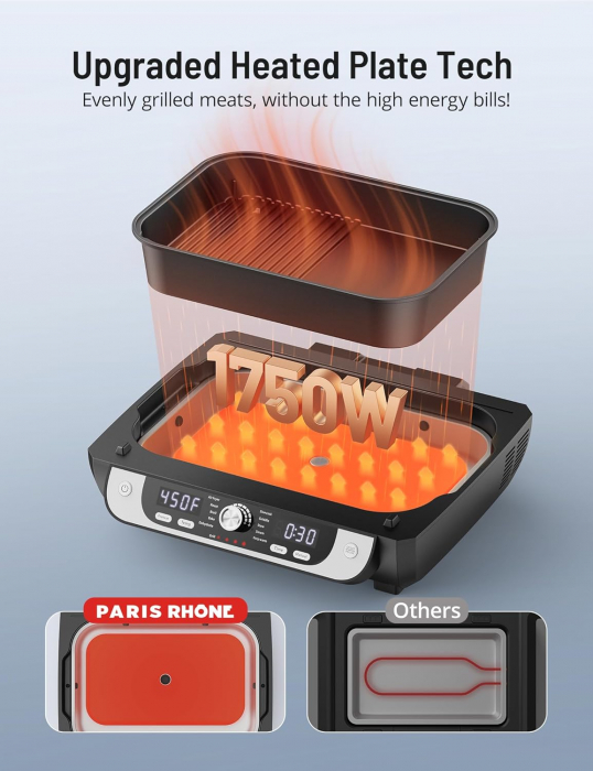 Grătar electric PARIS RH NE cu aer cald, combinație de grătar indoor și friteuză , 12 în 1, 1750W, gătire lentă, broil, copt, crisp, prăjit, dehidratat, Paris Rhone - Amazon [4]