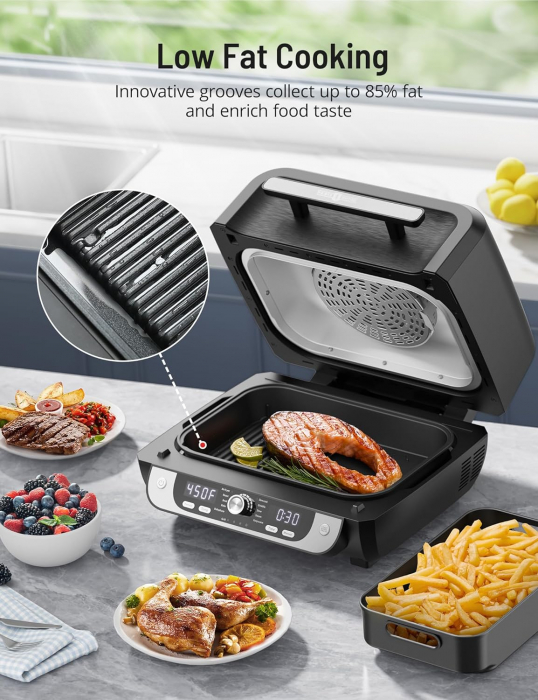 Grătar electric PARIS RH NE cu aer cald, combinație de grătar indoor și friteuză , 12 în 1, 1750W, gătire lentă, broil, copt, crisp, prăjit, dehidratat, Paris Rhone - Amazon [5]