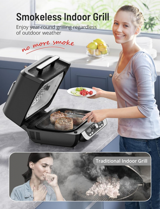 Grătar electric PARIS RH NE cu aer cald, combinație de grătar indoor și friteuză , 12 în 1, 1750W, gătire lentă, broil, copt, crisp, prăjit, dehidratat, Paris Rhone - Amazon [2]